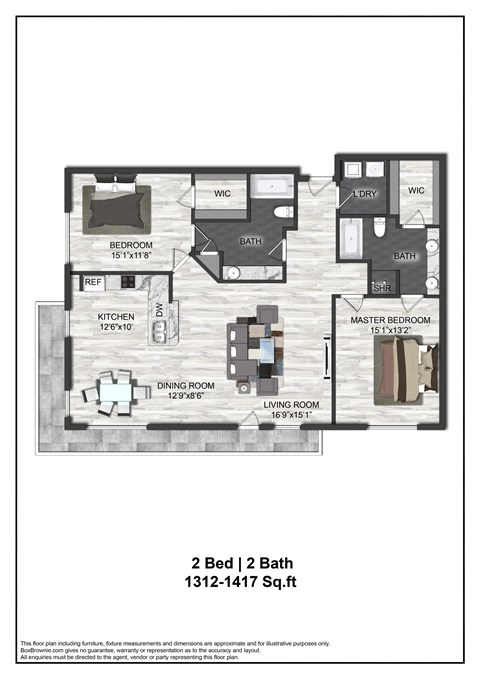 A floor plan of a 2 bedroom 2 bath apartment.